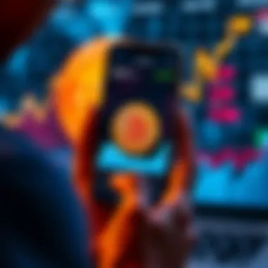 A person holding a smartphone showing Bitcoin prices while thinking about investing, with a graph showing upward trends in the background.