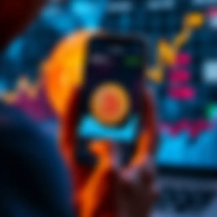 A person holding a smartphone showing Bitcoin prices while thinking about investing, with a graph showing upward trends in the background.