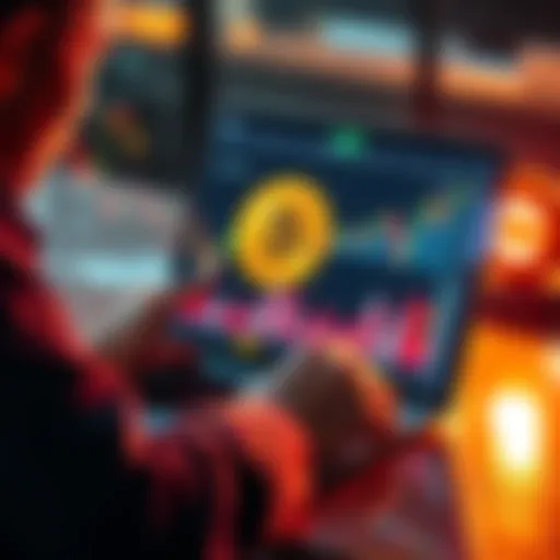 Person analyzing Bitcoin prices on a laptop with a chart showing potential growth, emphasizing the under $100,000 investment.