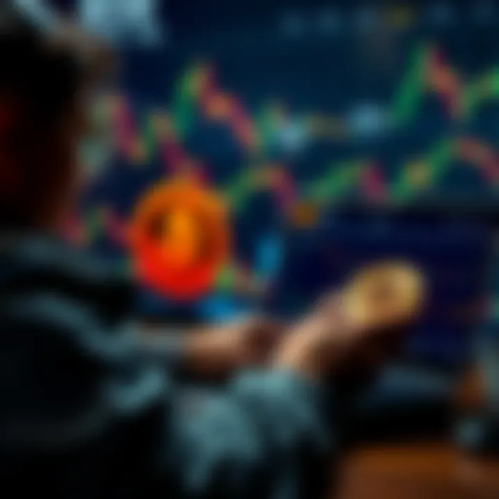 A person analyzing their net worth and Bitcoin investments on a laptop, with financial charts in the background.