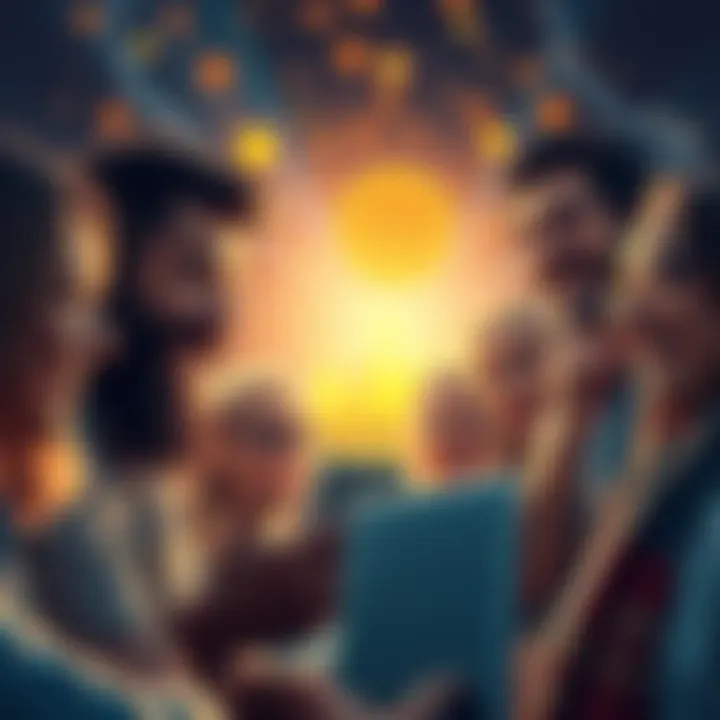 Bitcoin Investment Positivity A diverse group of people smiling and looking at Bitcoin charts with hopeful expressions, surrounded by symbols of faith and growth, like plants and light beams.