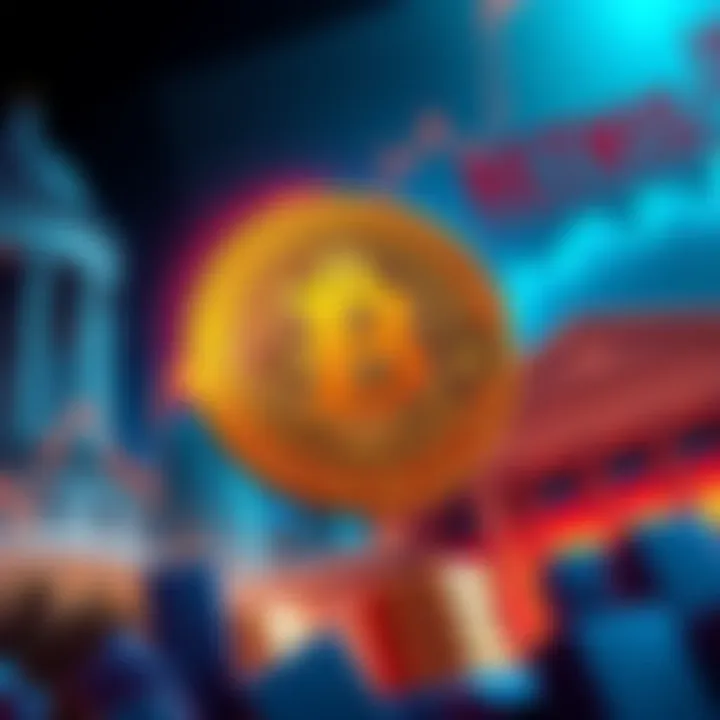 Bitcoin Investment Potential Illustration of a Bitcoin coin with financial graphs and institutional buildings in the background, symbolizing investment opportunities.