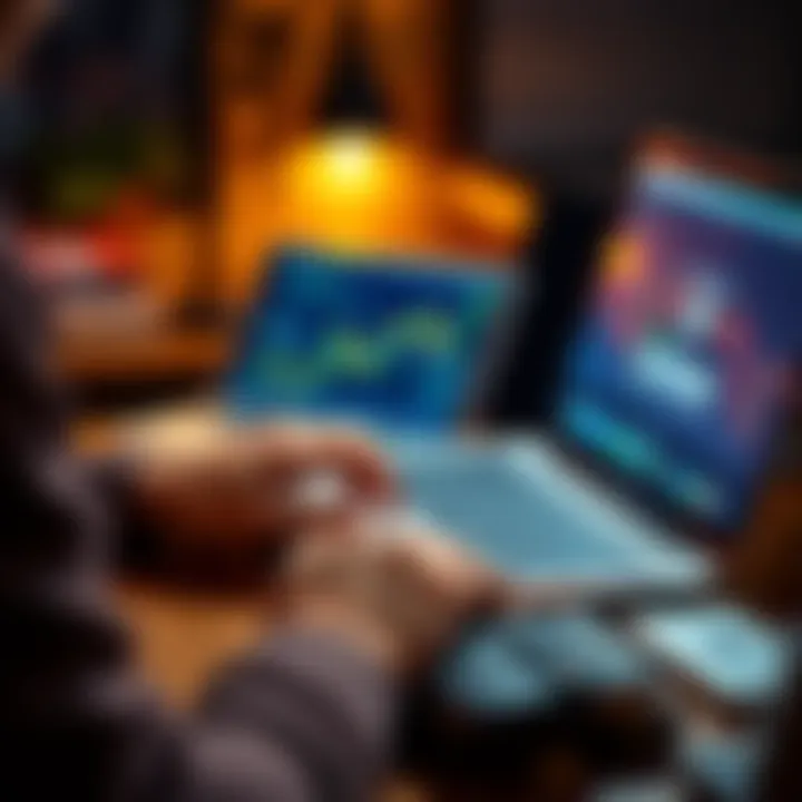 Bitcoin Investment Setup A person using a laptop to research Bitcoin investment options, with a wallet and Bitcoin symbol on the desk.