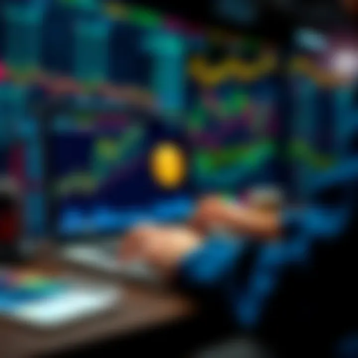 A person analyzing Bitcoin charts on a laptop with graphs and financial data in the background