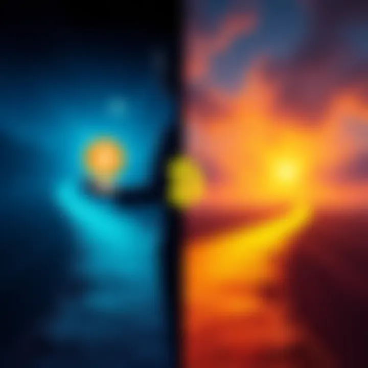 A split image showing two paths: one with a person holding a large Bitcoin symbol representing going all-in, and the other showing a series of smaller Bitcoin icons spaced out, symbolizing dollar-cost...