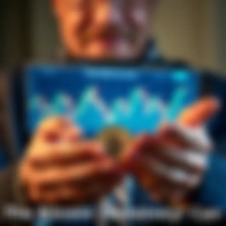A close-up of a person's hands holding Bitcoin coins and a chart showing price fluctuations, with a thoughtful expression on their face.