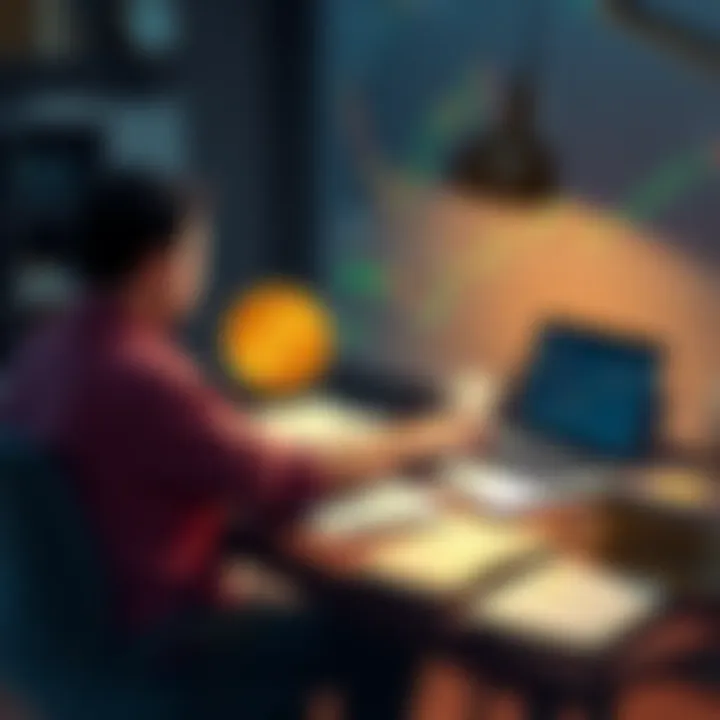 Bitcoin investment strategy A person sitting at a desk analyzing Bitcoin charts on a laptop, surrounded by cryptocurrency books and notes, symbolizing the commitment to long-term investing in digital currency.