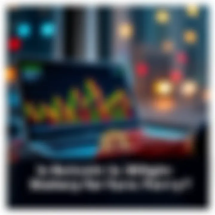 A person analyzing Bitcoin performance charts on a laptop, with a Bitcoin coin in the foreground.