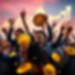A diverse group of people celebrating their financial achievements through Bitcoin investing, with charts showing upward trends in the background.