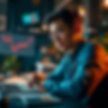 Individual looking at Bitcoin trends on a laptop with a thoughtful expression, surrounded by financial documents and a calculator.