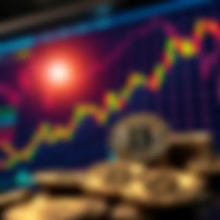 Graph showing rising Bitcoin prices with coins in the foreground
