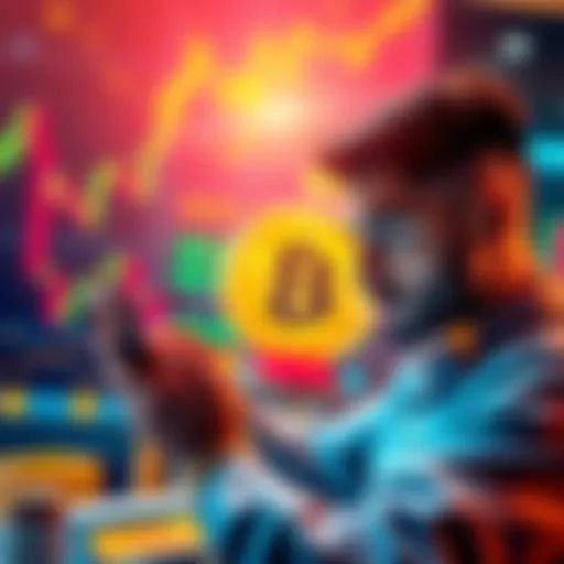 A beginner looking at a smartphone with Bitcoin charts and currency symbols in the background.