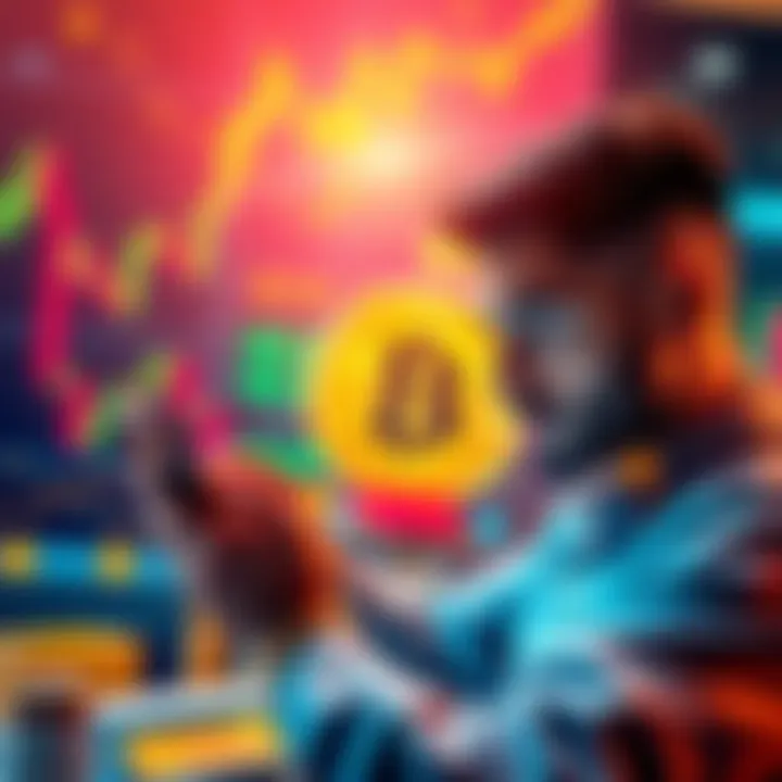 A beginner looking at a smartphone with Bitcoin charts and currency symbols in the background.