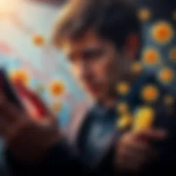 A worried Bitcoin investor looking at a chart with declining values while surrounded by images of coins and smartphones.