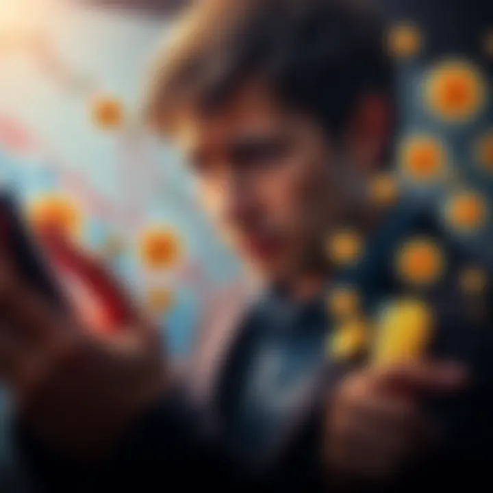 A worried Bitcoin investor looking at a chart with declining values while surrounded by images of coins and smartphones.