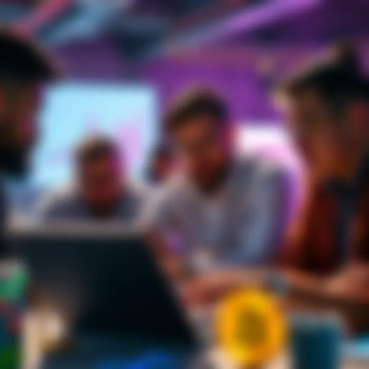 A group of diverse investors examining charts and graphs related to Bitcoin on a laptop, focused on market trends and long-term strategies.