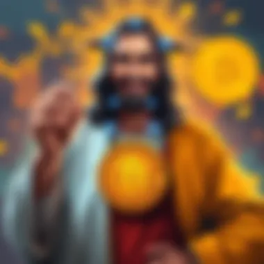 Bitcoin Jesus with a confident smile Bitcoin Jesus confidently discusses Bitcoin's value despite potential price drop, surrounded by financial symbols and charts