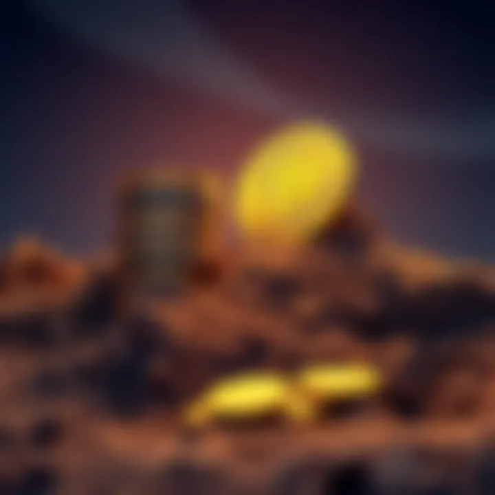 A symbolic illustration of Bitcoin coins stacked beside a large pile of dirt representing land, highlighting the comparison between cryptocurrency and land hoarding.