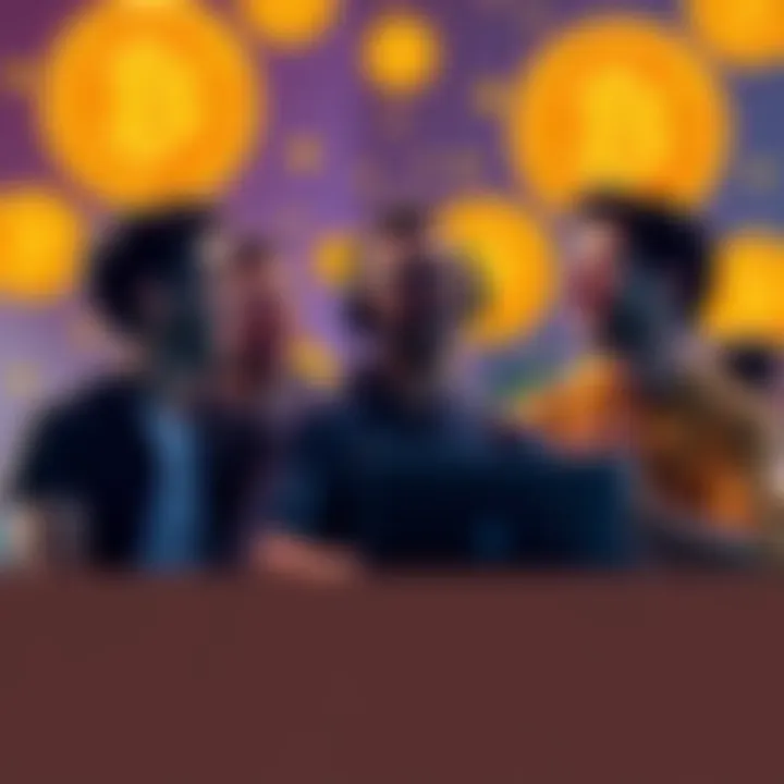 A group of crypto enthusiasts sharing a laugh over funny misconceptions about Bitcoin's status, with Bitcoin symbols in the background.