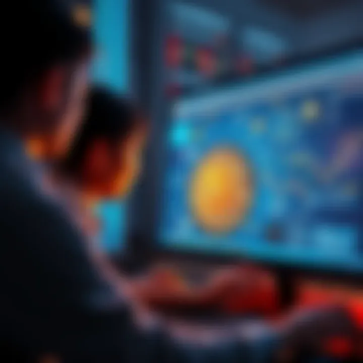 Bitcoin Learning Experience A user exploring Bitcoin concepts on a computer screen with engaging visuals and graphics.