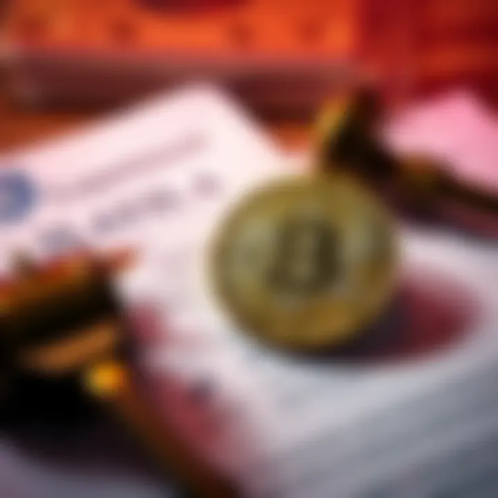 A Bitcoin coin sits next to legal documents, symbolizing the challenges of Bitcoin becoming legal tender.