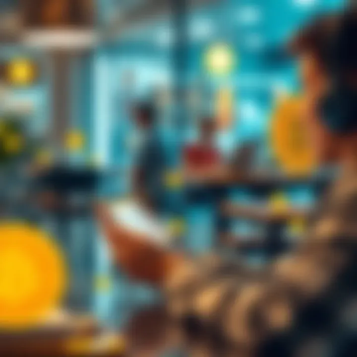 A person using a smartphone to make a purchase with Bitcoin at a café, surrounded by modern tech and digital currency symbols.