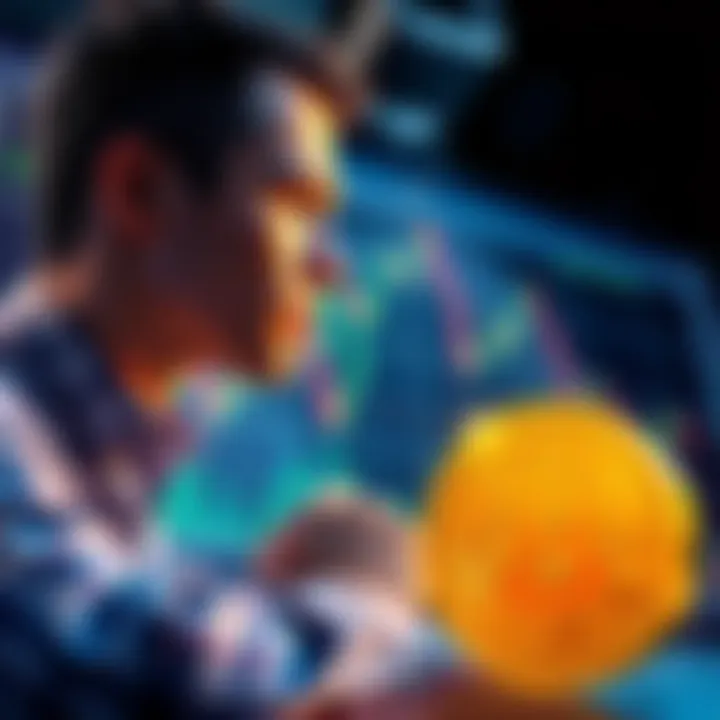 A person contemplating a bitcoin-backed loan with graphs showing market trends and a bitcoin coin nearby.