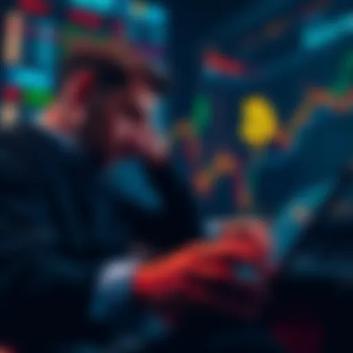 A graphic showing a downward trend in Bitcoin prices with worried investors looking at charts, indicating significant market losses among Bitcoin holders.