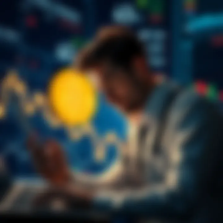 A graph showing a steep decline in Bitcoin value alongside a distressed financial analyst looking at the data