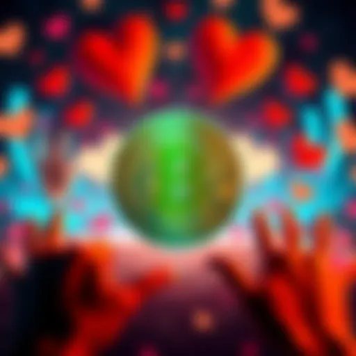 A Bitcoin symbol surrounded by hearts and peace signs, representing positive change and harmony in society.