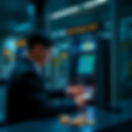 A person using a Bitcoin machine to make a transaction, with coins and a smartphone nearby