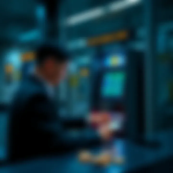 Bitcoin Machine in Use A person using a Bitcoin machine to make a transaction, with coins and a smartphone nearby