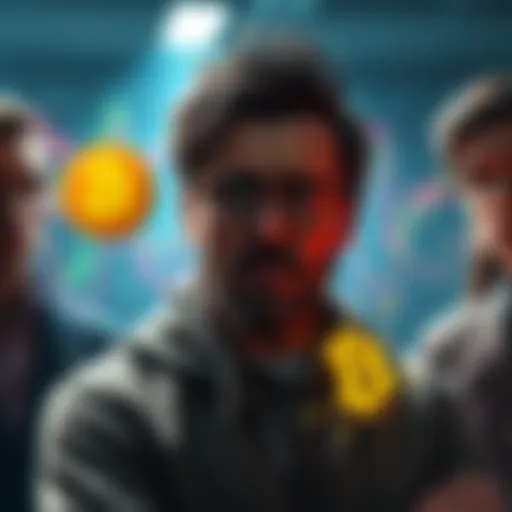 Concerned people discussing Bitcoin sell-offs due to Jeff Einstein's rumored ties, capturing the tension in the cryptocurrency market.