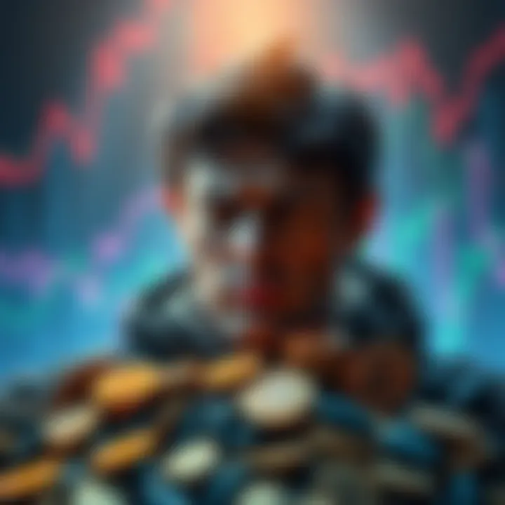 A visual representation of Bitcoin with a downward trend in digital assets, showing a worried investor and digital coins diminishing in quantity.