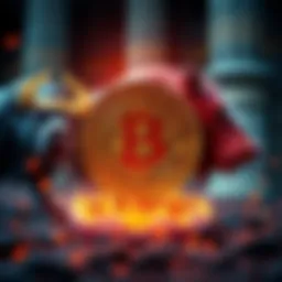 Bitcoin symbol surrounded by contrasting bull and bear icons, symbolizing market uncertainty.