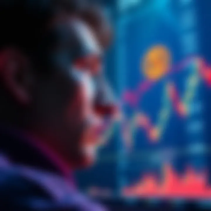 A person looking worriedly at a chart showing Bitcoin's price drop, illustrating emotions in market fluctuations.