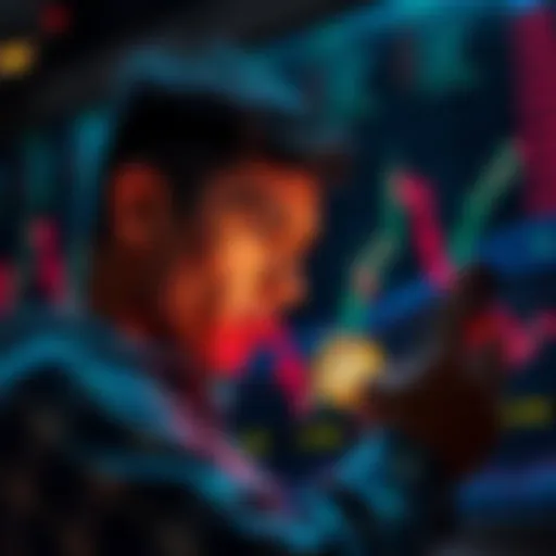 A person looking concerned while checking Bitcoin prices on a smartphone, with charts showing a decline in the background.