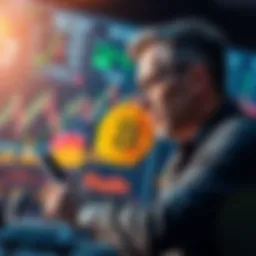 A hedge fund expert analyzing Bitcoin trends with charts and graphs in the background.