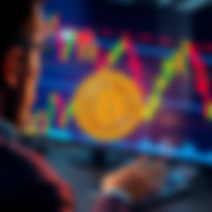 A digital representation of Bitcoin symbol with fluctuating market graphs and a worried investor in the background