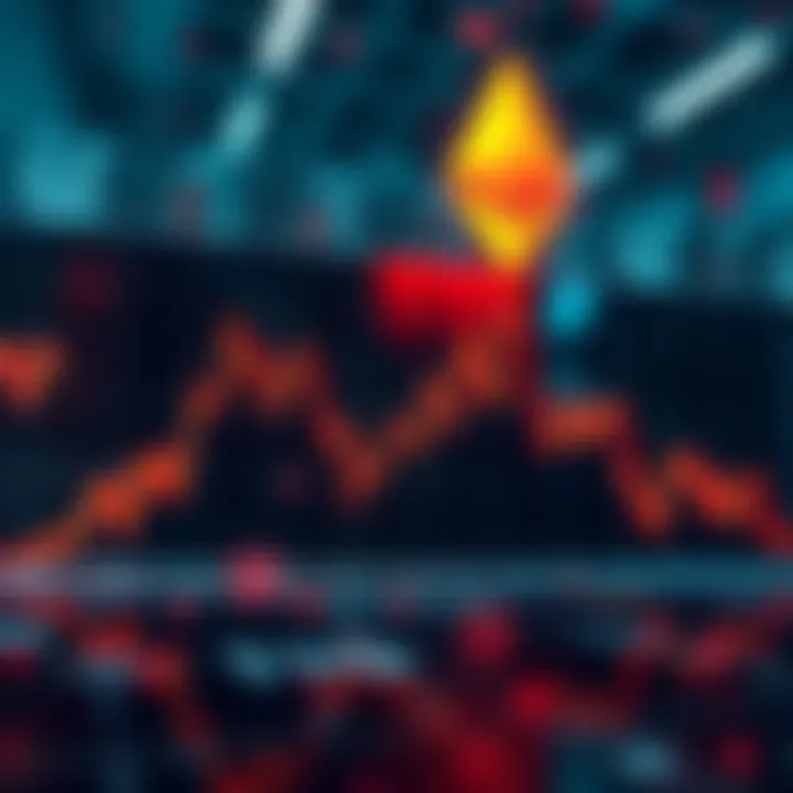 Bitcoin Market Panic A graph showing a sharp decline in Bitcoin prices, indicating market panic and selling activity, while Ethereum prices remain stable in the background.