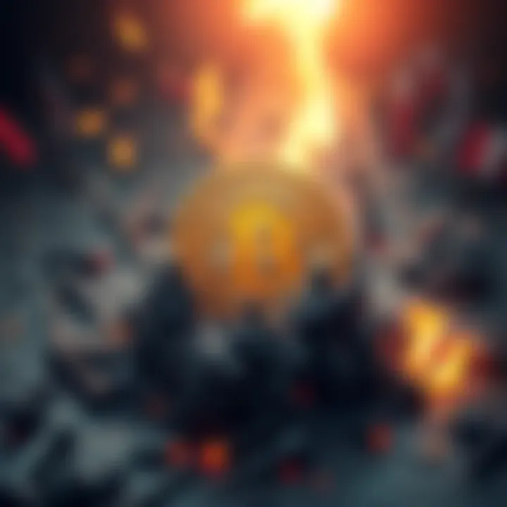 A Bitcoin symbol surrounded by symbols of war and tension, illustrating market volatility due to geopolitical issues.