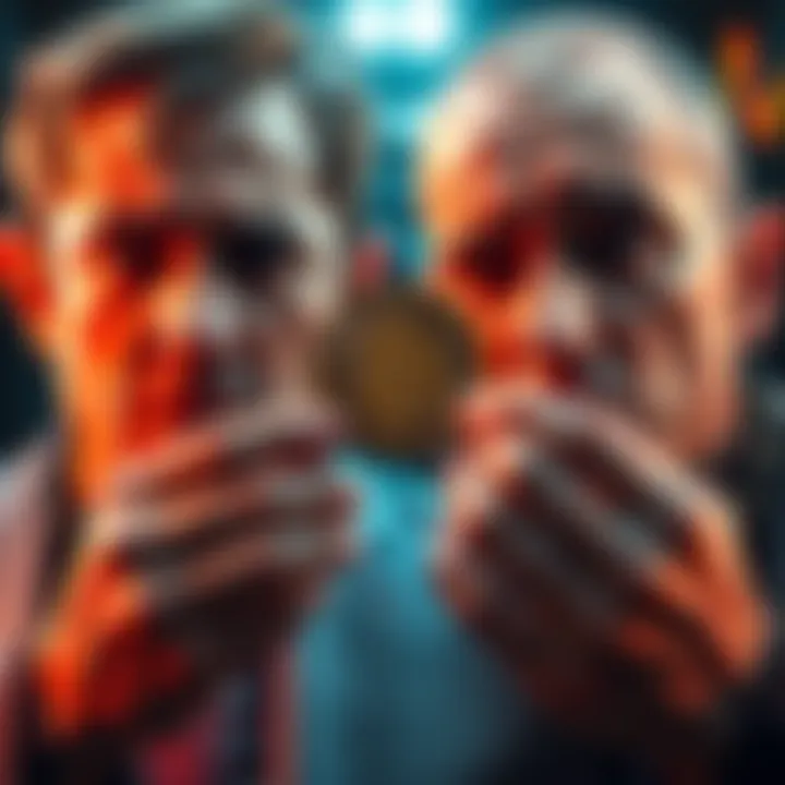 A visual representation of contrasting emotions in the Bitcoin market, showing anxious expressions contrasted with hands holding Bitcoin coins, symbolizing institutional investment.