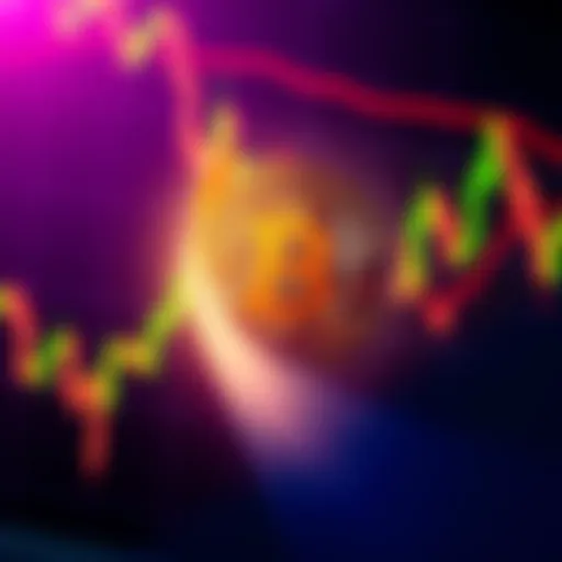 A Bitcoin symbol in front of a downward trending stock market graph symbolizing market decline and investment opportunities