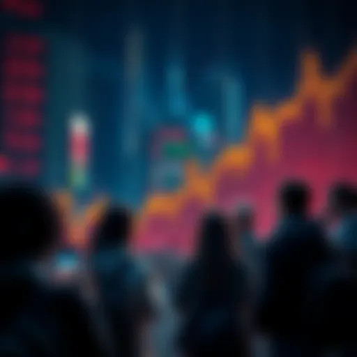 Depiction of fluctuating Bitcoin prices with a bearish trend graph and worried people looking at their phones.