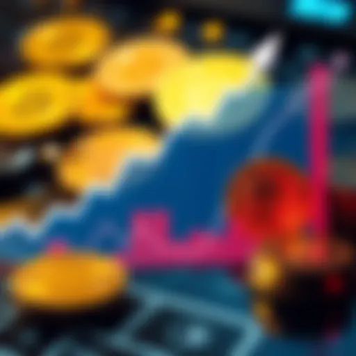 A graph showing Bitcoin price trends over 10 years with an upward trajectory and images of Bitcoin coins in the background.