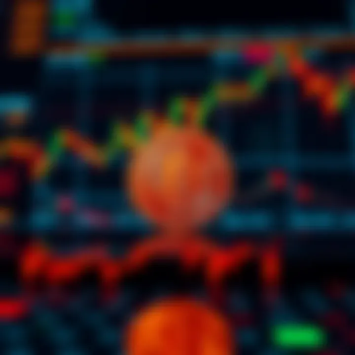 Graphic showing a Bitcoin symbol with price trends and market data in the background