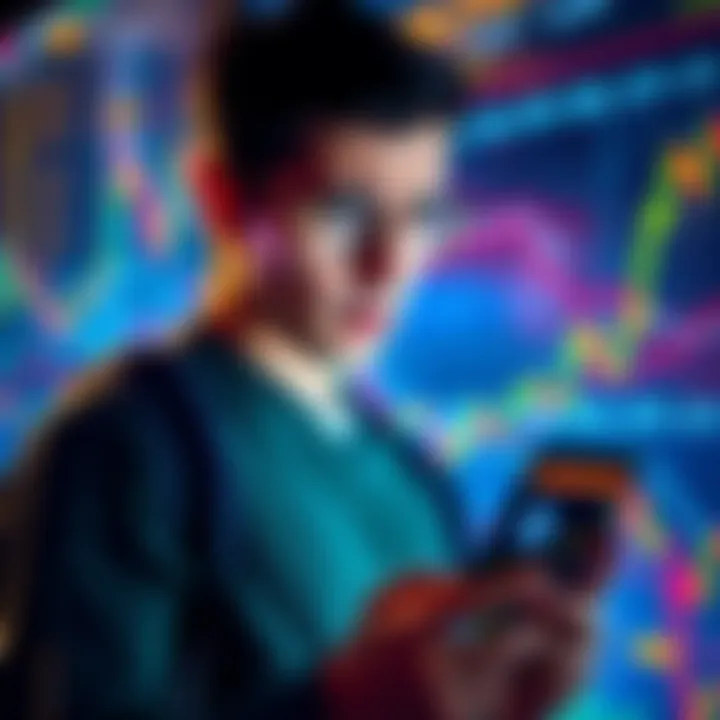 Bitcoin Market Volatility A person looking worried while checking Bitcoin prices on a phone, with charts showing fluctuating prices in the background.