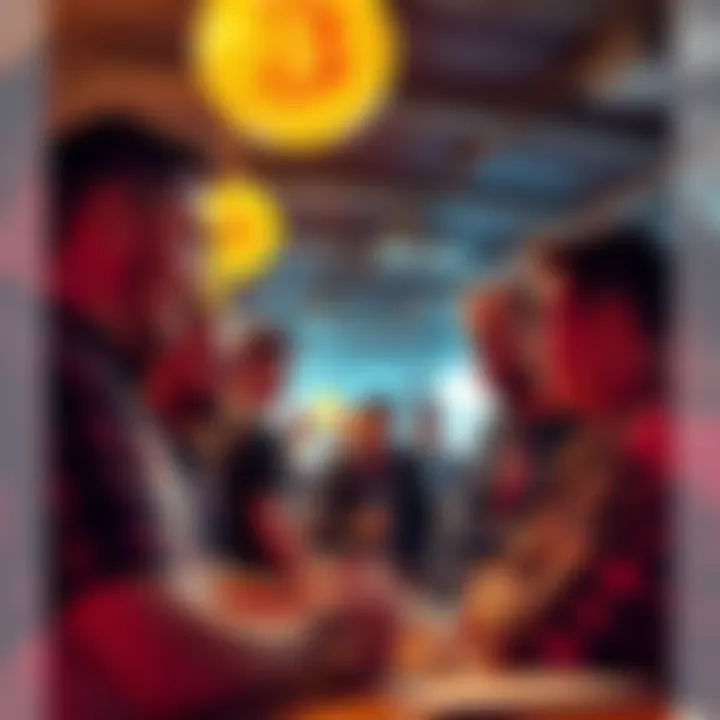 A group of Bitcoin enthusiasts engaged in conversation at a local meetup, sharing ideas and insights about cryptocurrency trends.