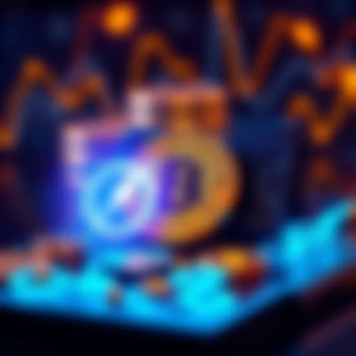 A visual representation of Bitcoin transactions, featuring a digital wallet and small payment icons, with a focus on the Lightning Network for quick transactions.