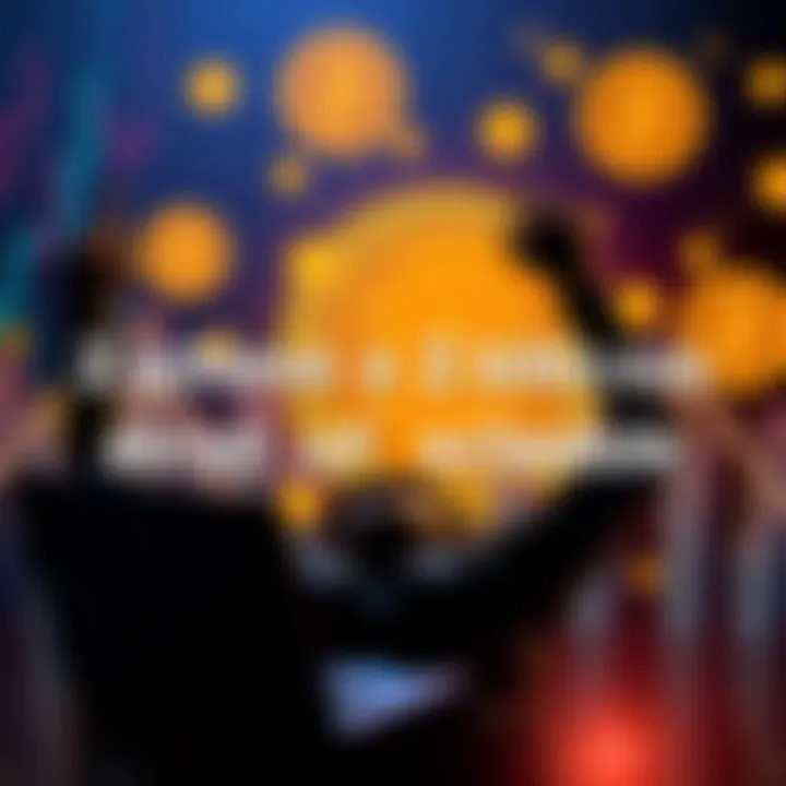 A person celebrating their success in reaching a 2 BTC milestone with a laptop and Bitcoin symbols in the background